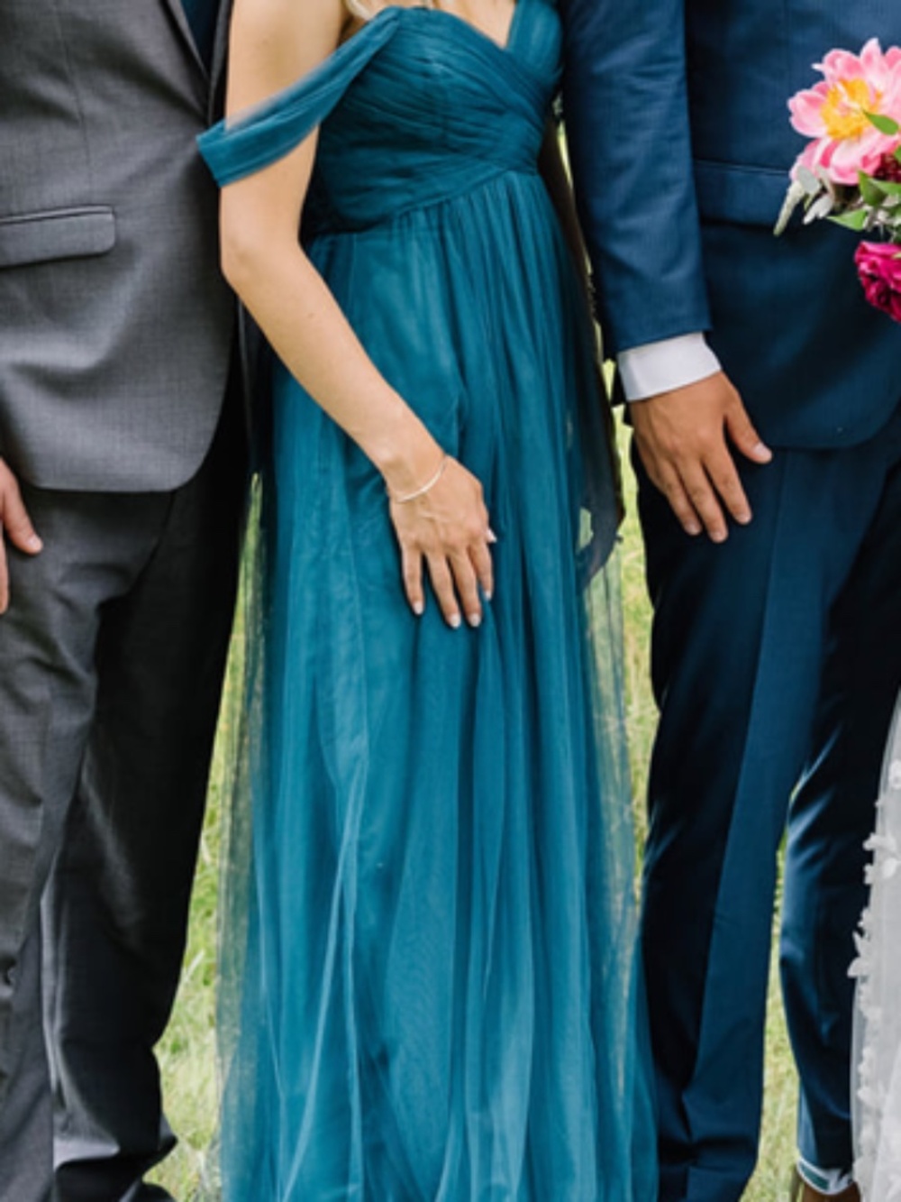 WTOO off shoulder or strapless teal peacock tulle dress